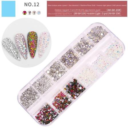 Negledekorationer til Nail Art Høj Sølvbundsbor AB Rhinestone Shiny Diamond Strip Boxed 1440 PC'er 12 grid strip box rhinestone 12#