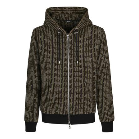 Balmain, Monogram-Ppattern Zip-Fastening Hoodie Czarny, Mężczyzna, Rozmiar: S