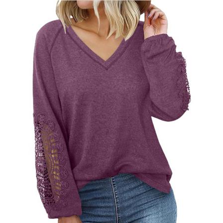 Dam V-ringad T-shirt Enfärgad Pullover Långärmad Blus