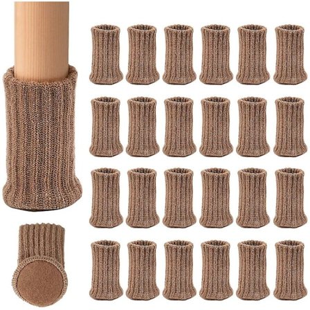 Neulotuista pöydän ja tuolin jalkasukat, joustavat tuolin huonekalusukat, sarjat puulattiasuojat huonekalujen jaloille, vaaleanruskea, 24 pakkausta