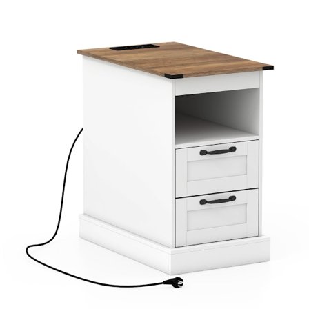 Yöpöytä latausasemalla, valkoinen, 2 laatikkoa ja hylly