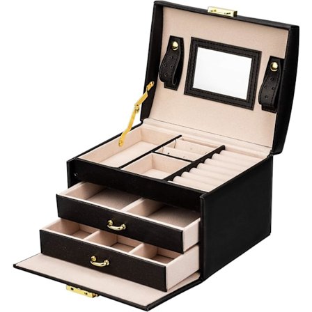 Smyckeskrin med lås (Svart) 3 nivåer med 2 lådor med spegel