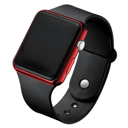 Punainen kotelo, musta ranneke, tyylikäs ja yksinkertainen universaali neliönmuotoinen LED-mustakello, vedenpitävä, valaiseva, valokuvapinnoitetut 