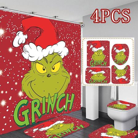 4 stk/sæt Christmas The Grinch Printet Bruseforhæng Badetæppe Toiletlåg Betræk Gulvmåtte A
