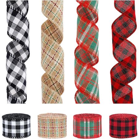4 ruller rutete lerretsbånd rutete kablede julebånd, flerfarget