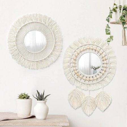 2 kpl Seinälle Ripustettava Koristepeili Punotuilla Lehdillä Boho Hapsu Pyöreä Peili