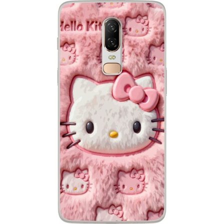 Yhteensopiva Puhelinkuori OnePlus 6 Hello Kitty vaaleanpunainen pörröinen tausta, jossa on ikoninen kasvot ja kawaii-esteettisyys