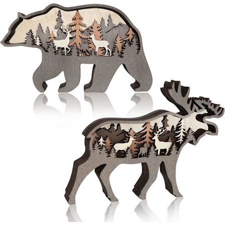2-pakkaus 3D-puinen peura ja karhu maalaismainen seinäkoriste puu ja puinen