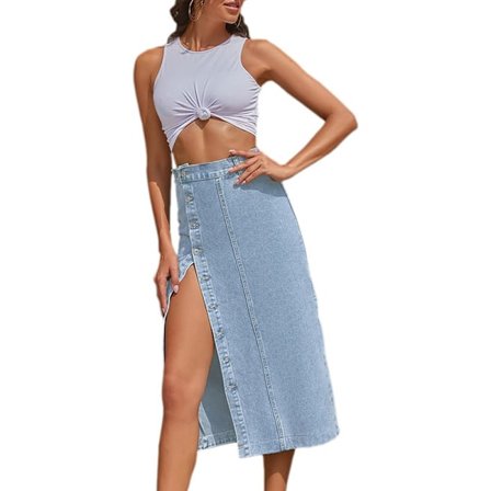 Høytaljet Vasket Denim Lang Skjørt med Knapper foran for Kvinner