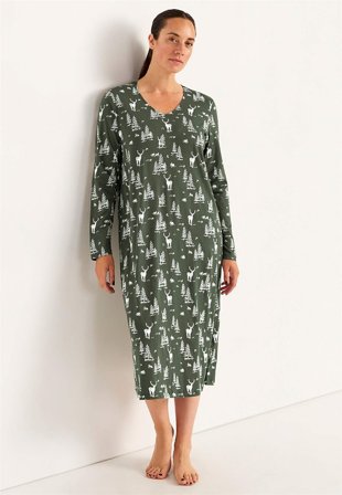 Cellbes of Sweden - Mønstret nattkjole med lange ermer i mørk grønn for damer i størrelse 50/52