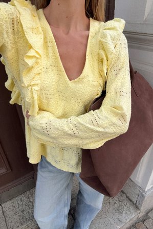 NA-KD Langarm-Oberteil mit Volant - Ballonärmel Pullover - Gelb - XL (EU 46)