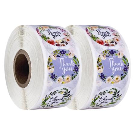 2 rullaa Kiitos-tarroja 8 kukkakuviota onnittelukortteihin