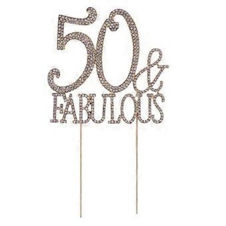 50 Fabulous -kakunkoriste 50-vuotissyntymäpäiväjuhliin tai vuosipäivään, kristallitimantteja, koristeellinen kakunkoriste juhlatarvikkeisiin (kulta)