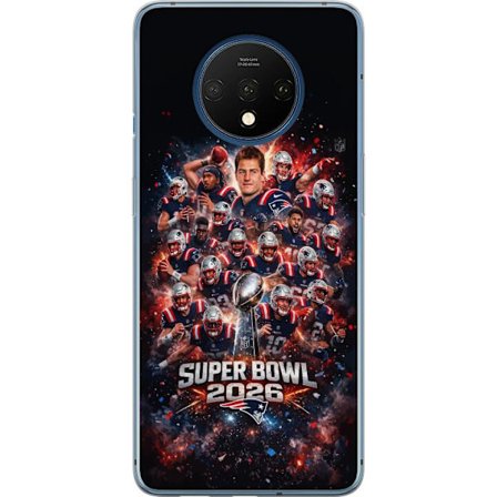 Yhteensopiva Puhelinkuori OnePlus 7T Super Bowl 2026 juliste, jossa New England Patriots ja NFL-mestaruuspalkinto räjähtävän urheilullisessa suunnitte