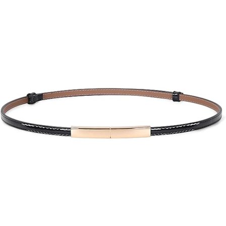 Dame Tynd Læderbælte Blankt Justerbart Smalt Tyndt Taljebælte med Guld Legering Spænde til Kjoler( sort)