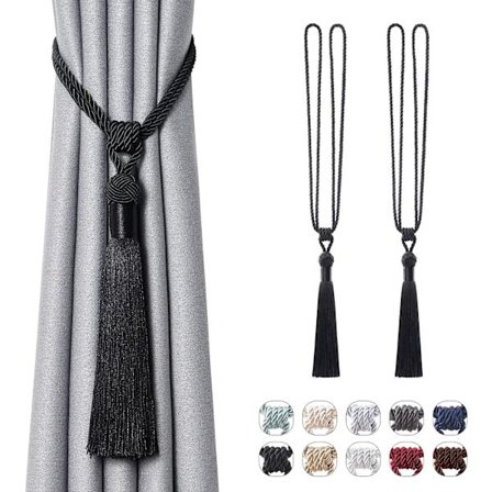 2-pak lange dusk pyntebånd til gardiner, håndlaget flettet tauknute, dekorative gardinholdere for hjem og kontorvinduer (svart)