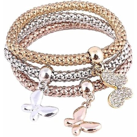 Kristallberlocker Flerlagda Armband - 3 st Guld/silver/roséguld Kornkedje Armband För Kvinnor, Livets Träd Hjärtaformad Stretch Armband