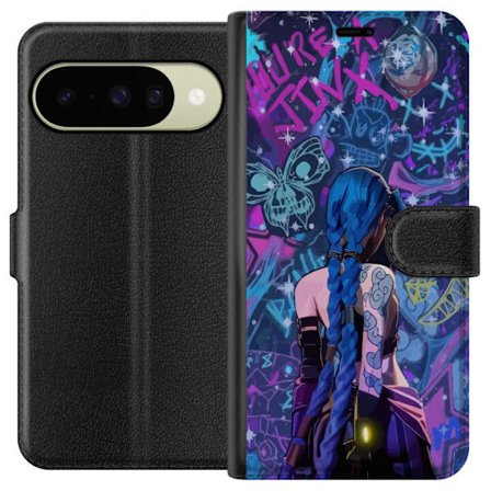 Kompatibelt Plånboksfodral till Google Google Pixel 10 Färgstark graffitiillustration med blåhårig karaktär i urban neonstil och kreativt kaos