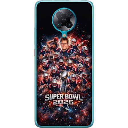 Yhteensopiva Puhelinkuori Xiaomi Poco F2 Pro Super Bowl 2026 juliste, jossa New England Patriots ja NFL-mestaruuspalkinto räjähtävän urheilullisessa s