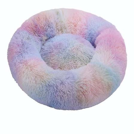 Rund katteseng myk og fluffy 4cm lang plysj lodne kjæledyr hund senger (størrelse, farge: Xl 90cm-regnbue