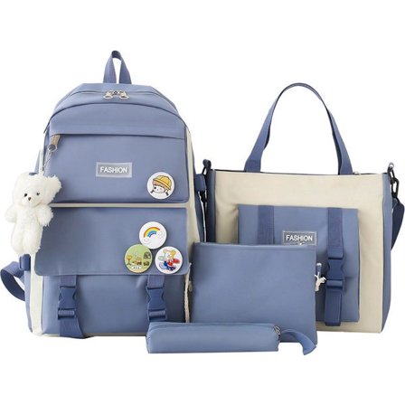 4-delt vandtæt skoletaskesæt til børn og teenagere, inkluderer madkasse, skuldertaske og penalhus, stilfuld skoletaske til sommer eller skoleblå