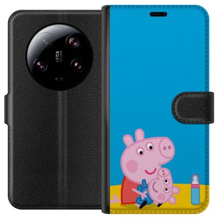 Kompatibel Tegnebogsetui til Xiaomi 13 Ultra Peppa Pig elvertema med krone og tryllestav på lyserød baggrund, sødt børnetegning af Greta Gris i ev