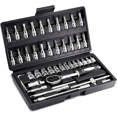 46-delers 1/4-tommers pipenøkkelsett og verktøysett, skralle-nøkkelsett med 4-14mm Cr-v piper