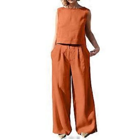 2-delat set för dam, sommar, rund hals, linne, lösa byxor, sval, bekväm, vida ben, lösa byxor för sommaren, orange 5XL (5XL Orange)