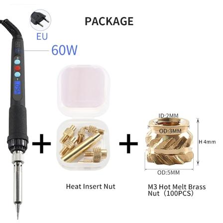 Varmeindsats Mutterspids M2 M3 M4 M5 M6 Gevind Indbygget Kit Smeltesmeltindsats Jern Spids Mutter Værktøj Loddekolbe Til Plast 3D Print Set B-EU Plug