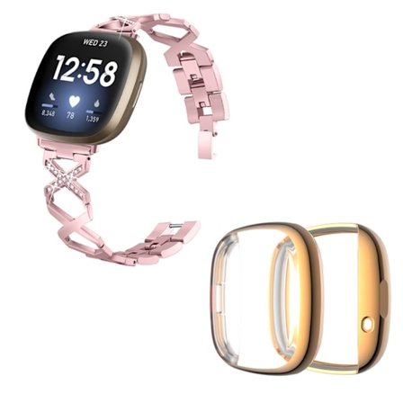 Fitbit Sense / Versa 3 X-formad strassdekor klockarmband med roséguldfodral - Rosa Ros
