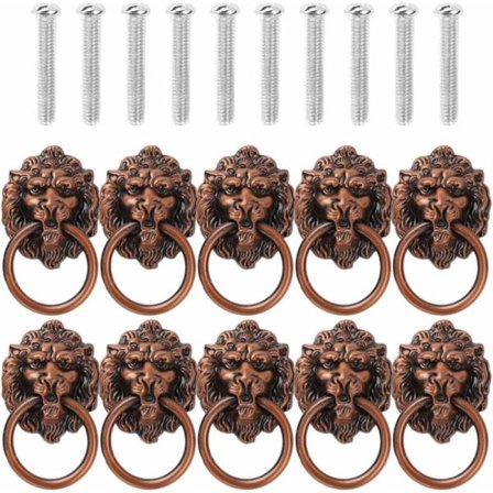Sinkronlegering Møbeldekorasjon Trekkring Håndtak/Knott Løvehode Design Kommode Skuffeskilt - 10 stk (Rød Bronse)