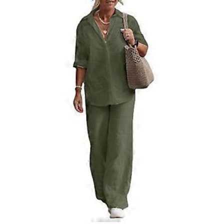 1 Sæt Trendy Dame Casual Skjorte Bukser Sæt Plus Size Bomuld Hør Top Brede Ben Bukser Løse Outfits Pendler (M mørkegrøn)