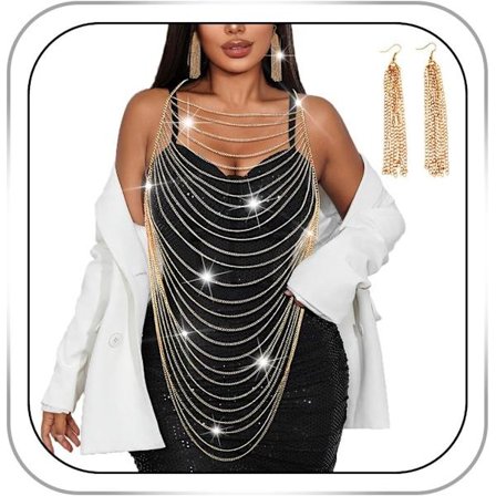 Guld Kropskæde Kvaster Kæde BH Skulderkæder Brysthalskæde til Kvinder Kropssele Smykker Bikini Rave Tilbehør (med Guld Øreringe)