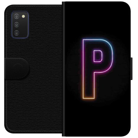 Kompatibel Tegnebogsetui til Samsung Samsung Galaxy A03s Minimalistisk neonbogstav P i farvegradient og lyseffekt mod sort baggrund i digital neonstil