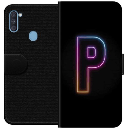 Kompatibel Tegnebogsetui til Samsung Samsung Galaxy A11 Minimalistisk neonbogstav P i farvegradient og lyseffekt mod sort baggrund i digital neonstil