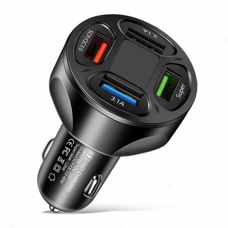 4 Portar USB Billaddare 66W Snabbladdning Bil Mobiltelefon Char Black