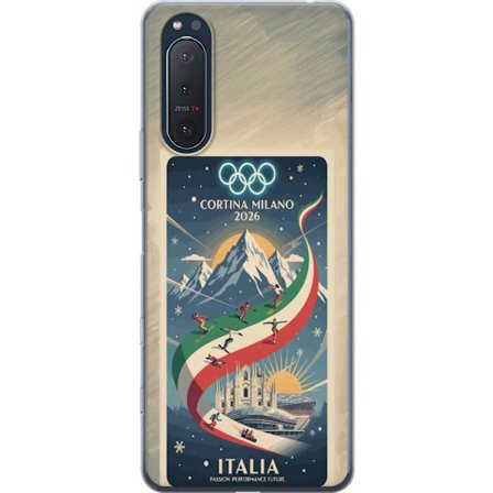 Kompatibel Mobilcover til Sony Xperia 5 II Skitse med skiskytteudøver der sigter med riffel på en snebaner, teksten Milano Cortina 2026 og de olympisk