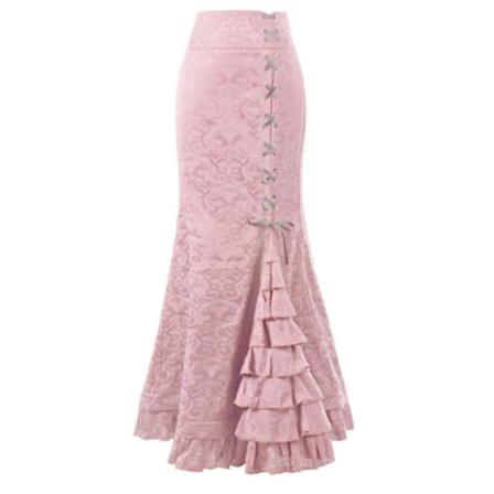 Kvinnors Retro Skiktad Volang Maxi Lång Sjöjungfrukjol Pink L