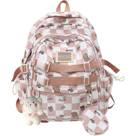 Söpö Kawaii-reppu teini-ikäisille tytöille nukella, muodikas ruudullinen reppu koulureppuun, jossa on ruudullinen kuvio. (vaaleanpunainen)