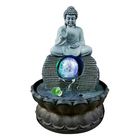 Buddha-statue i resin, vannfontene Feng Shui LED Hagedekorasjon