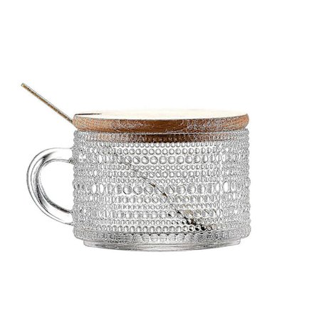 Vintage kaffemuggar i glas, behållare för overnight oats med bambulock och skedar, 414 ml lätt gröna präglade dricksglas, söta kaffebartillbehör