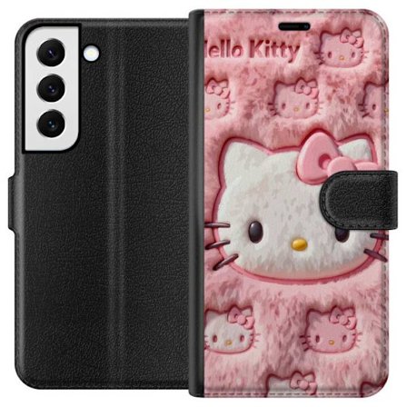 Kompatibel Tegnebogsetui til Samsung Galaxy S22 5G Hello Kitty lyserød fluffy baggrund med ikonisk ansigt og kawaii-æstetik
