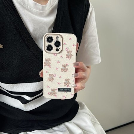 Skal för iPhone 15PLUS Metallram läder björn Linje djur björn lädertextur Full-Body