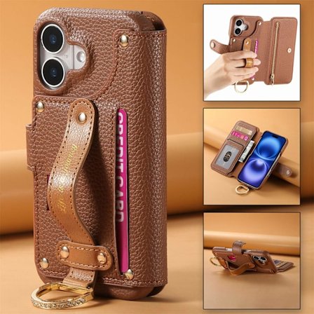 Etui til iPhone 15 Pro Max brunt armbånd full glidelås skinn ring kortlommebok