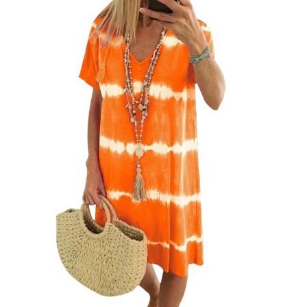 Casual Kvinnor Hem Klänning Sommar Sexig V-neck Tie Dye Flower Print