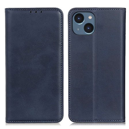 Flipveske i ekte skinn i lommebokstil for iPhone 14 - Blå