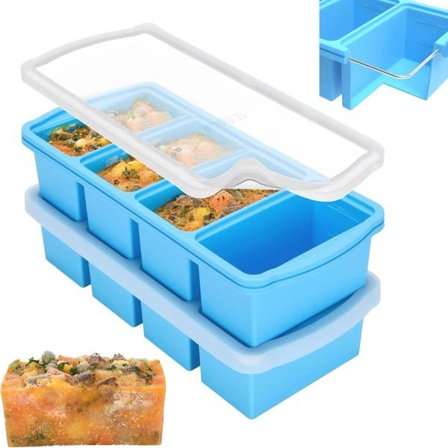 2-pack silikonform för frys med lock - Behållare för frysning av soppa - Stor isbitsform (Blå)