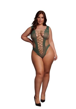 Shots: Green V-Neck Teddy with Opaque Panels - plus Size - Erotik Vuxen: Plus size