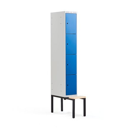 Kleiderspind CLASSIC mit Sitzbank, 1 Modul/4 Türen, 2120 x 300 x 550 mm, blau