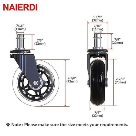 Drejelige gummihjul til kontorstol, 60 kg, bløde og sikre, 11 mm, 2 stk.